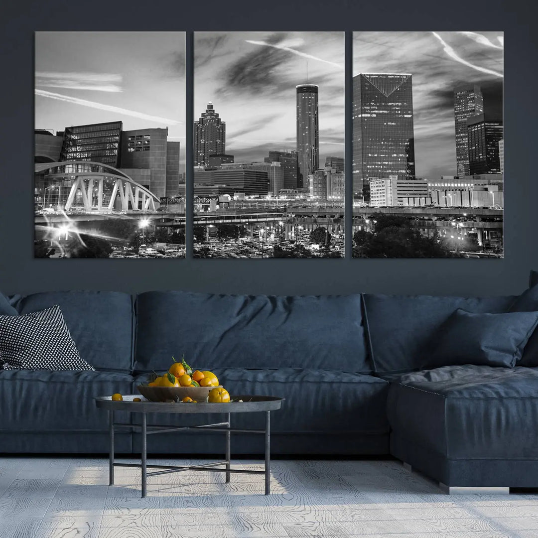 The Atlanta City Skyline Black and White Wall Art Canvas Print is a highlight in the room. This museum-quality canvas comes ready to hang and features a UV-protective coating, ensuring it remains stylish and durable over time.