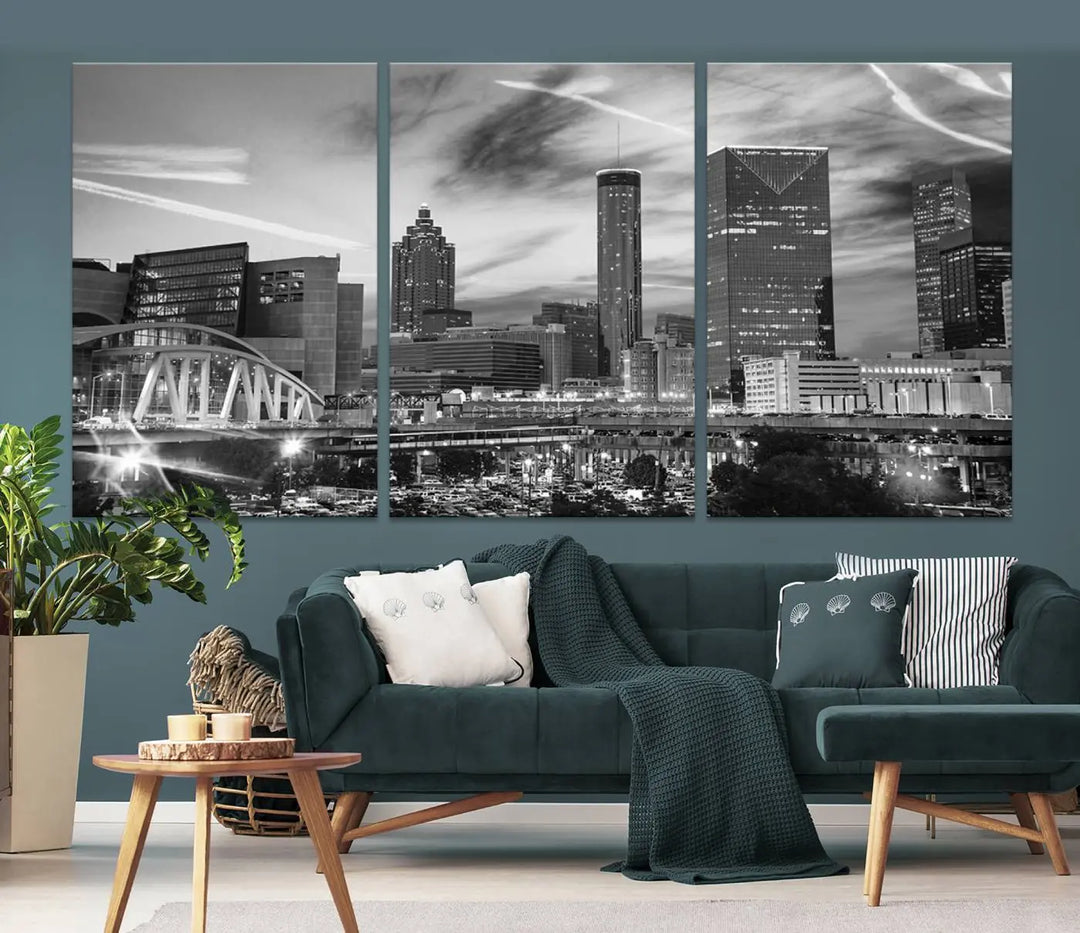 The Atlanta City Skyline Black and White Wall Art Canvas Print is a highlight in the room. This museum-quality canvas comes ready to hang and features a UV-protective coating, ensuring it remains stylish and durable over time.