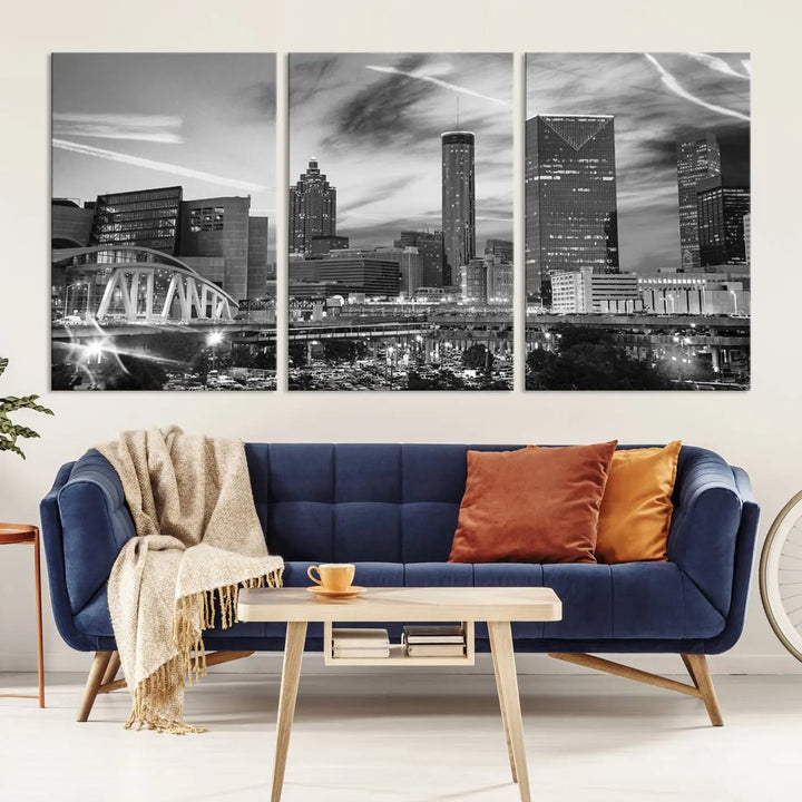 The Atlanta City Skyline Black and White Wall Art Canvas Print is a highlight in the room. This museum-quality canvas comes ready to hang and features a UV-protective coating, ensuring it remains stylish and durable over time.