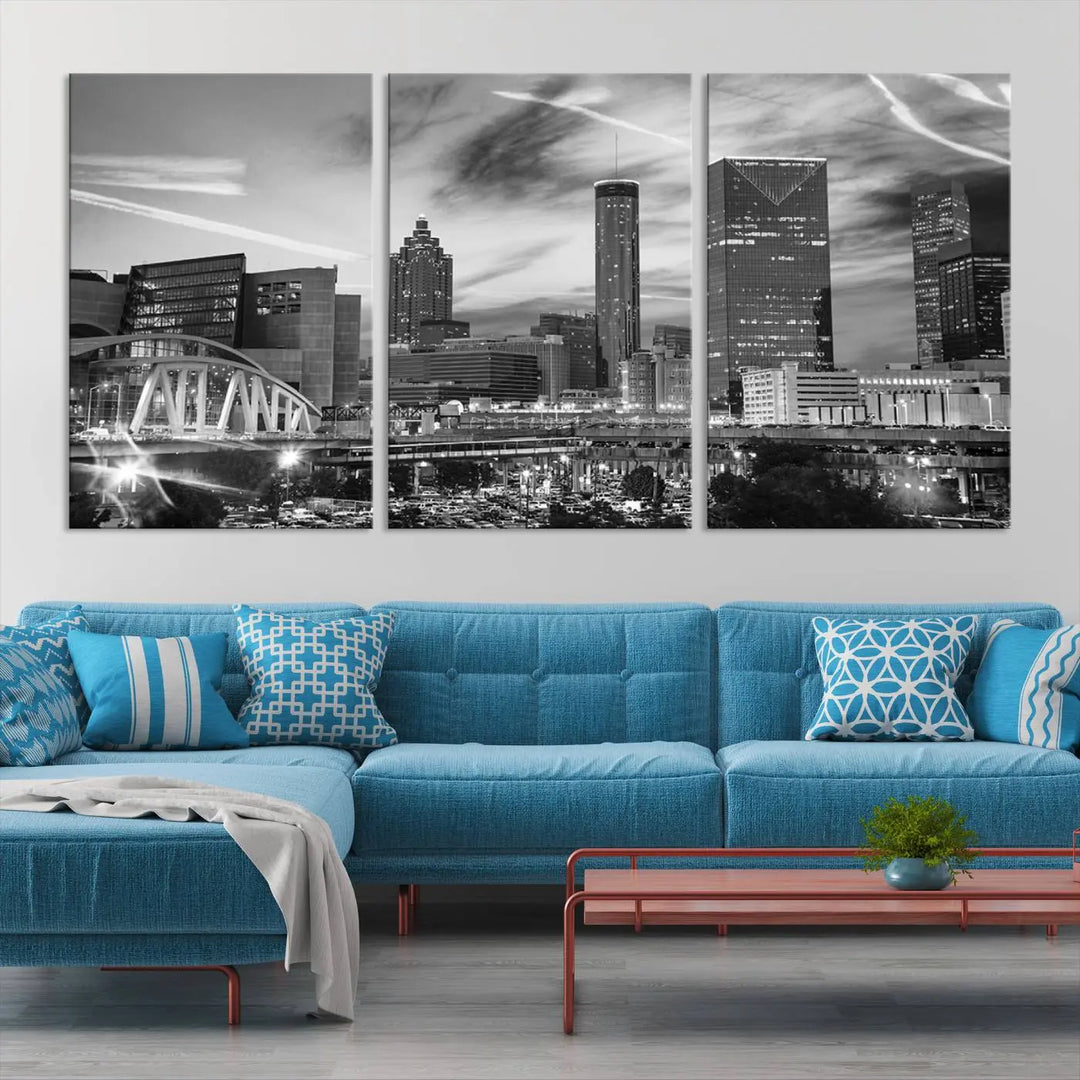 The Atlanta City Skyline Black and White Wall Art Canvas Print is a highlight in the room. This museum-quality canvas comes ready to hang and features a UV-protective coating, ensuring it remains stylish and durable over time.