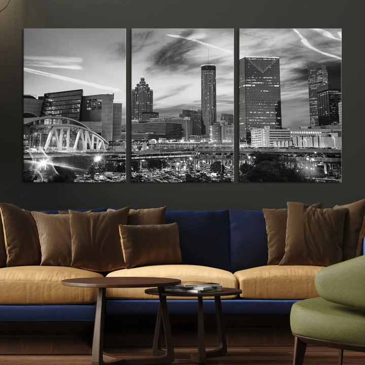 The Atlanta City Skyline Black and White Wall Art Canvas Print is a highlight in the room. This museum-quality canvas comes ready to hang and features a UV-protective coating, ensuring it remains stylish and durable over time.