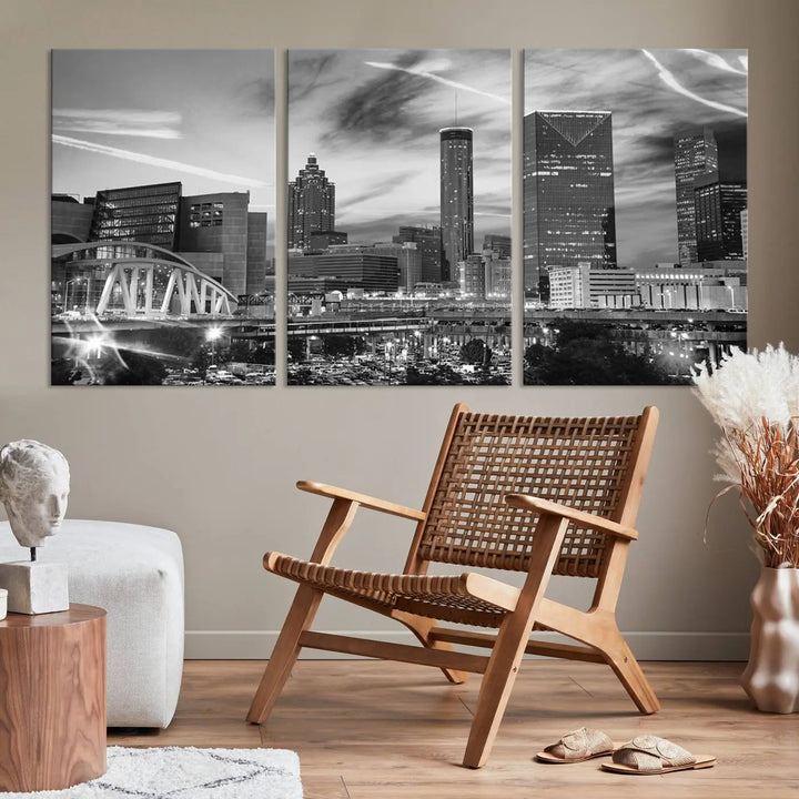 The Atlanta City Skyline Black and White Wall Art Canvas Print is a highlight in the room. This museum-quality canvas comes ready to hang and features a UV-protective coating, ensuring it remains stylish and durable over time.