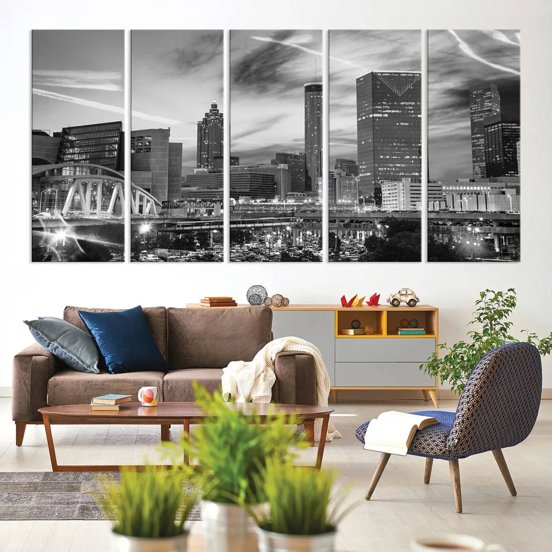 The Atlanta City Skyline Black and White Wall Art Canvas Print is a highlight in the room. This museum-quality canvas comes ready to hang and features a UV-protective coating, ensuring it remains stylish and durable over time.