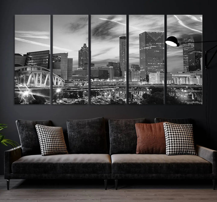 The Atlanta City Skyline Black and White Wall Art Canvas Print is a highlight in the room. This museum-quality canvas comes ready to hang and features a UV-protective coating, ensuring it remains stylish and durable over time.