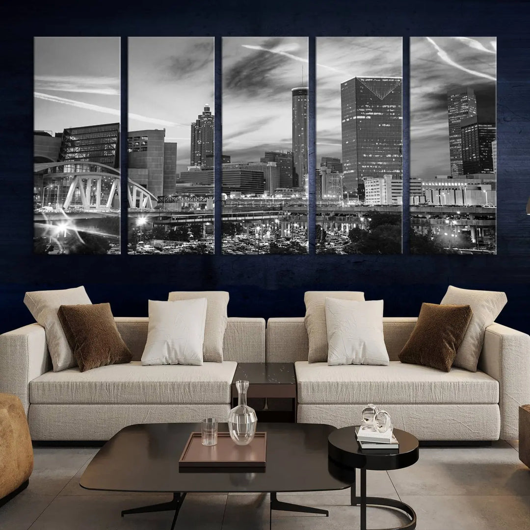 The Atlanta City Skyline Black and White Wall Art Canvas Print is a highlight in the room. This museum-quality canvas comes ready to hang and features a UV-protective coating, ensuring it remains stylish and durable over time.