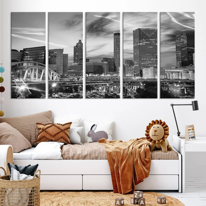 The Atlanta City Skyline Black and White Wall Art Canvas Print is a highlight in the room. This museum-quality canvas comes ready to hang and features a UV-protective coating, ensuring it remains stylish and durable over time.