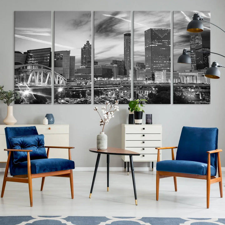 The Atlanta City Skyline Black and White Wall Art Canvas Print is a highlight in the room. This museum-quality canvas comes ready to hang and features a UV-protective coating, ensuring it remains stylish and durable over time.