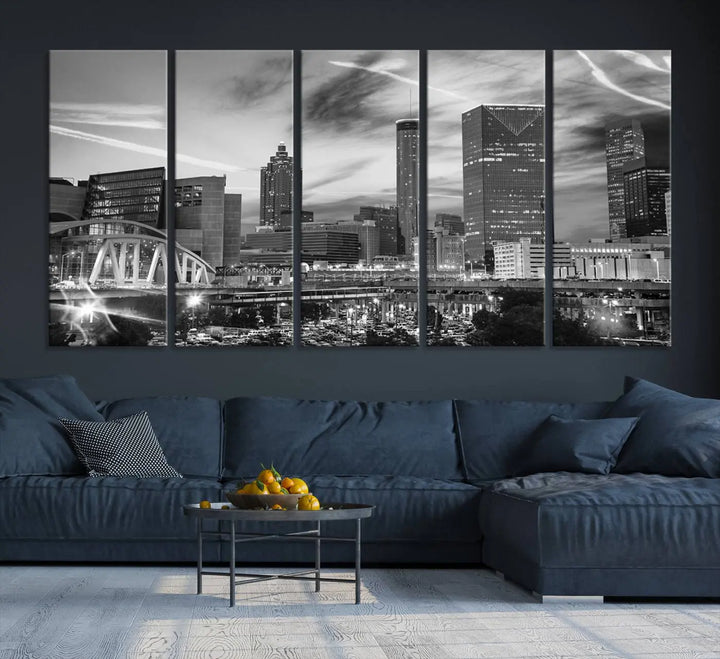 The Atlanta City Skyline Black and White Wall Art Canvas Print is a highlight in the room. This museum-quality canvas comes ready to hang and features a UV-protective coating, ensuring it remains stylish and durable over time.