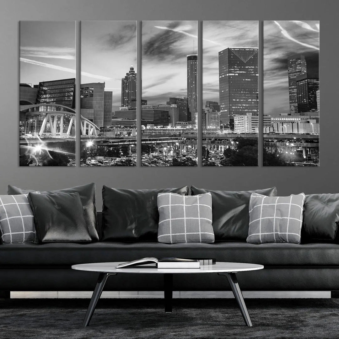 The Atlanta City Skyline Black and White Wall Art Canvas Print is a highlight in the room. This museum-quality canvas comes ready to hang and features a UV-protective coating, ensuring it remains stylish and durable over time.