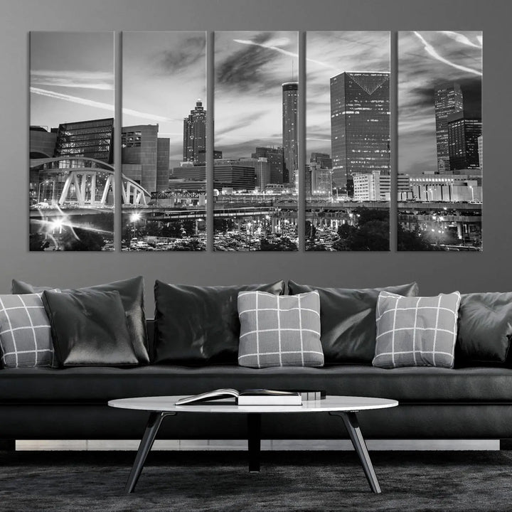 The Atlanta City Skyline Black and White Wall Art Canvas Print is a highlight in the room. This museum-quality canvas comes ready to hang and features a UV-protective coating, ensuring it remains stylish and durable over time.