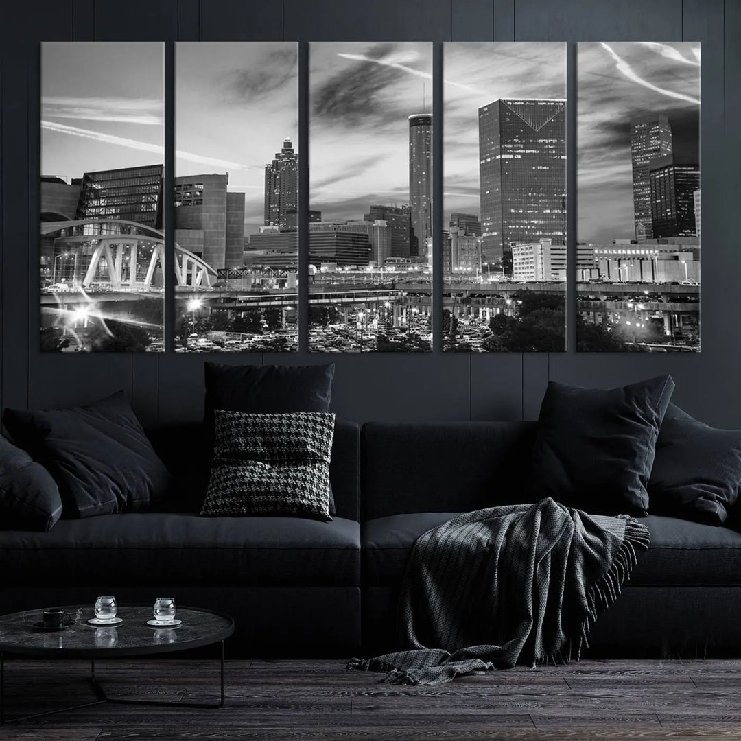 The Atlanta City Skyline Black and White Wall Art Canvas Print is a highlight in the room. This museum-quality canvas comes ready to hang and features a UV-protective coating, ensuring it remains stylish and durable over time.