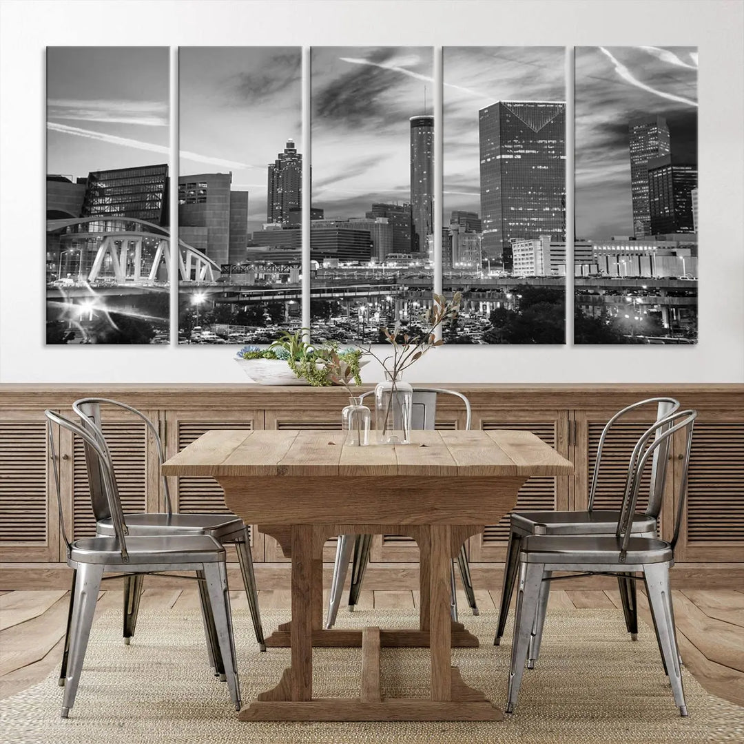 The Atlanta City Skyline Black and White Wall Art Canvas Print is a highlight in the room. This museum-quality canvas comes ready to hang and features a UV-protective coating, ensuring it remains stylish and durable over time.