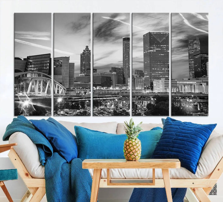 The Atlanta City Skyline Black and White Wall Art Canvas Print is a highlight in the room. This museum-quality canvas comes ready to hang and features a UV-protective coating, ensuring it remains stylish and durable over time.