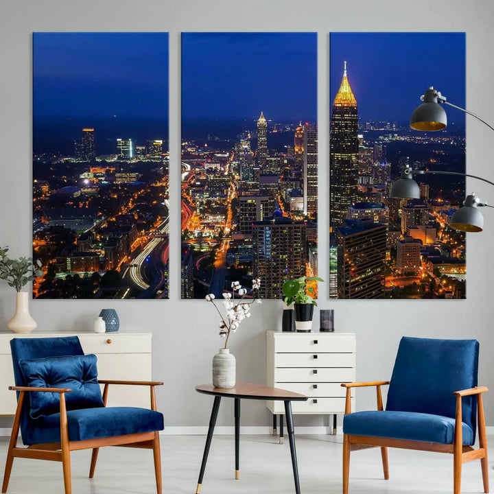 The Atlanta City View Wall Art Canvas Print is a triptych showcasing a cityscape at night on museum-quality canvases with a UV-protective coating.