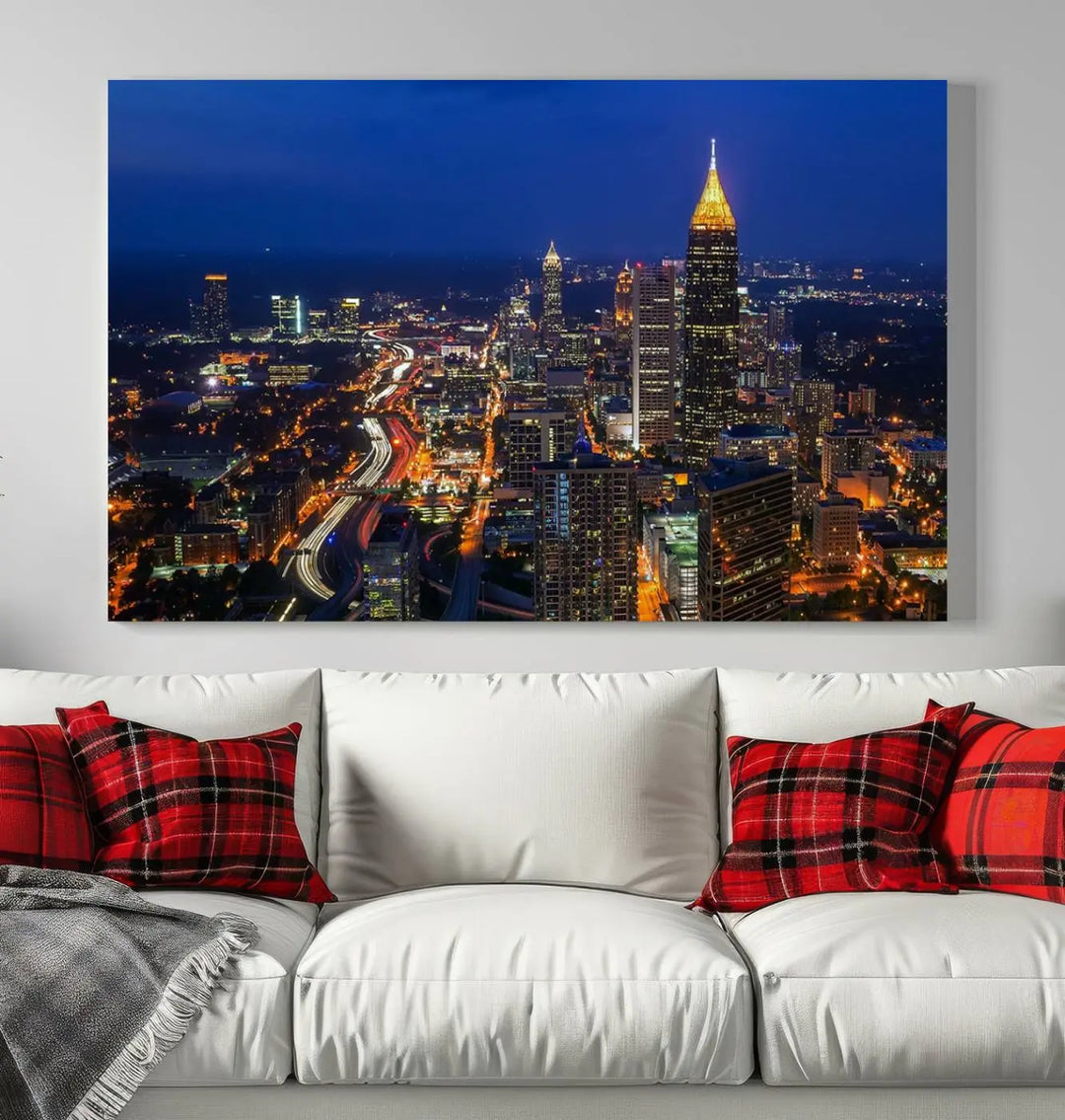 The Atlanta City View Wall Art Canvas Print is a triptych showcasing a cityscape at night on museum-quality canvases with a UV-protective coating.