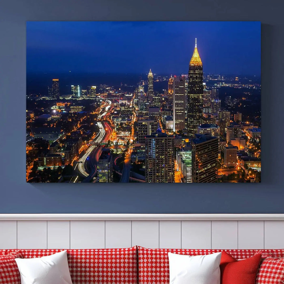 The Atlanta City View Wall Art Canvas Print is a triptych showcasing a cityscape at night on museum-quality canvases with a UV-protective coating.