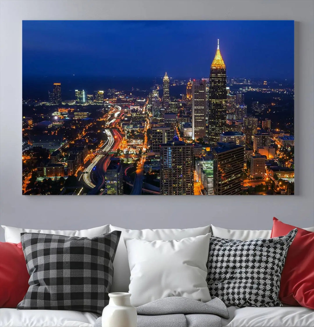 The Atlanta City View Wall Art Canvas Print is a triptych showcasing a cityscape at night on museum-quality canvases with a UV-protective coating.