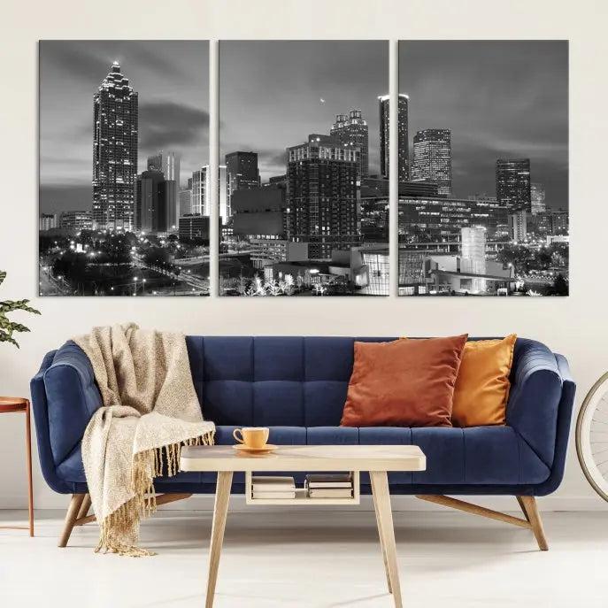 The "Atlanta City Wall Art Canvas Print" is a striking gallery-wrapped, black-and-white cityscape artwork printed on museum-quality canvases.