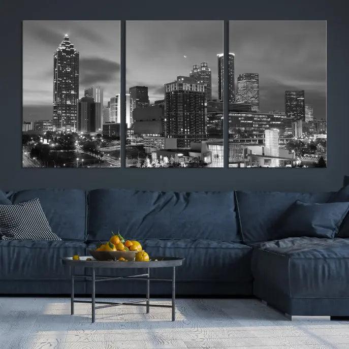 The "Atlanta City Wall Art Canvas Print" is a striking gallery-wrapped, black-and-white cityscape artwork printed on museum-quality canvases.