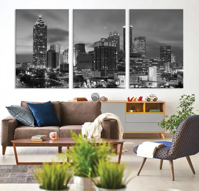 The "Atlanta City Wall Art Canvas Print" is a striking gallery-wrapped, black-and-white cityscape artwork printed on museum-quality canvases.