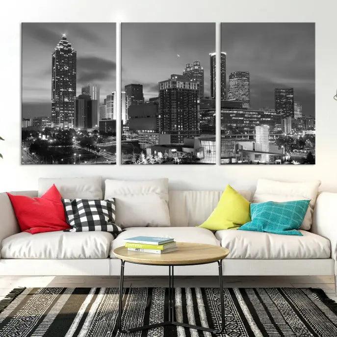 The "Atlanta City Wall Art Canvas Print" is a striking gallery-wrapped, black-and-white cityscape artwork printed on museum-quality canvases.