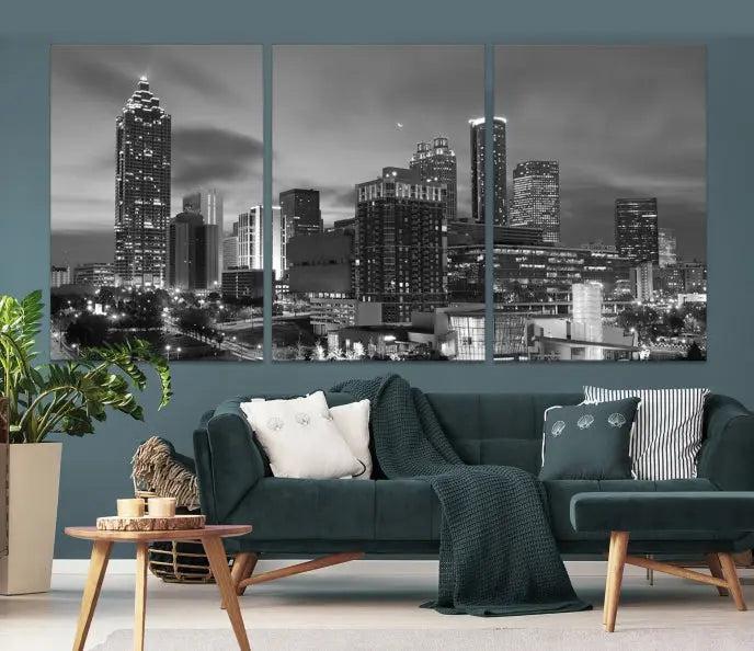 The "Atlanta City Wall Art Canvas Print" is a striking gallery-wrapped, black-and-white cityscape artwork printed on museum-quality canvases.