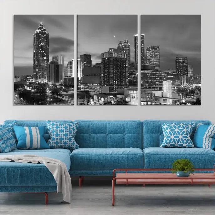 The "Atlanta City Wall Art Canvas Print" is a striking gallery-wrapped, black-and-white cityscape artwork printed on museum-quality canvases.