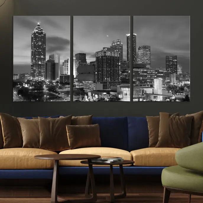 The "Atlanta City Wall Art Canvas Print" is a striking gallery-wrapped, black-and-white cityscape artwork printed on museum-quality canvases.