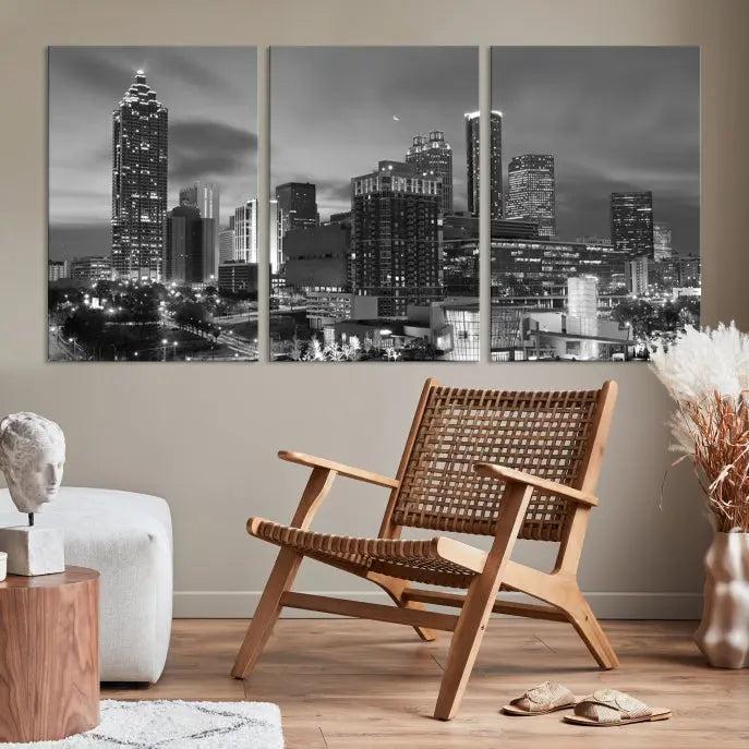 The "Atlanta City Wall Art Canvas Print" is a striking gallery-wrapped, black-and-white cityscape artwork printed on museum-quality canvases.