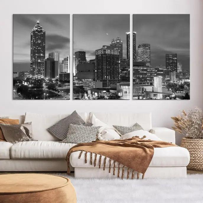 The "Atlanta City Wall Art Canvas Print" is a striking gallery-wrapped, black-and-white cityscape artwork printed on museum-quality canvases.