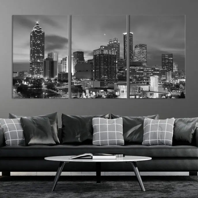 The "Atlanta City Wall Art Canvas Print" is a striking gallery-wrapped, black-and-white cityscape artwork printed on museum-quality canvases.