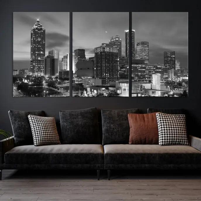 The "Atlanta City Wall Art Canvas Print" is a striking gallery-wrapped, black-and-white cityscape artwork printed on museum-quality canvases.