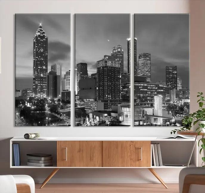 The "Atlanta City Wall Art Canvas Print" is a striking gallery-wrapped, black-and-white cityscape artwork printed on museum-quality canvases.