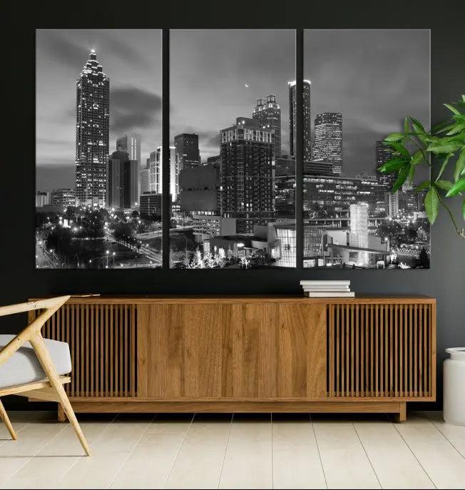 The "Atlanta City Wall Art Canvas Print" is a striking gallery-wrapped, black-and-white cityscape artwork printed on museum-quality canvases.