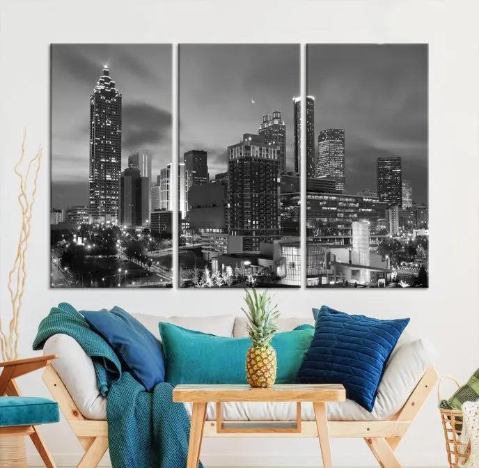 The "Atlanta City Wall Art Canvas Print" is a striking gallery-wrapped, black-and-white cityscape artwork printed on museum-quality canvases.