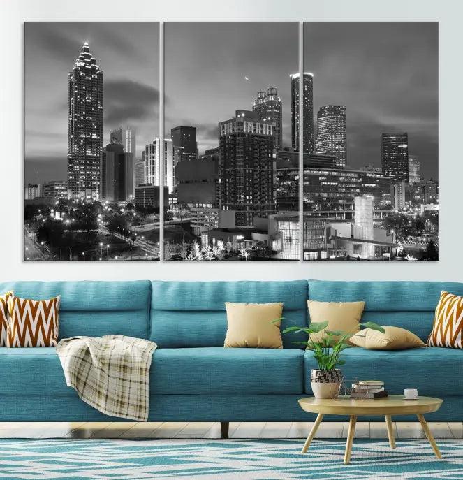 The "Atlanta City Wall Art Canvas Print" is a striking gallery-wrapped, black-and-white cityscape artwork printed on museum-quality canvases.