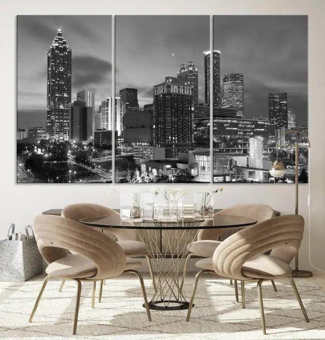 The "Atlanta City Wall Art Canvas Print" is a striking gallery-wrapped, black-and-white cityscape artwork printed on museum-quality canvases.