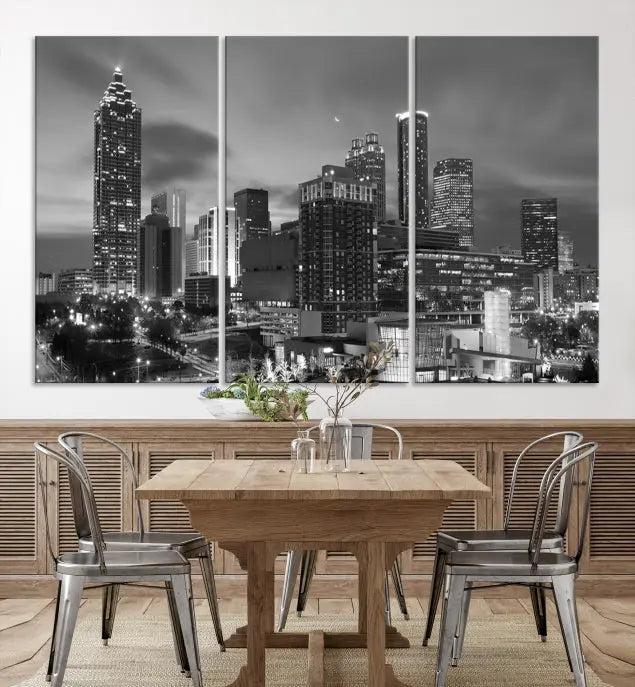 The "Atlanta City Wall Art Canvas Print" is a striking gallery-wrapped, black-and-white cityscape artwork printed on museum-quality canvases.