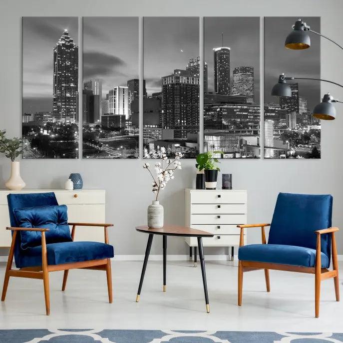 The "Atlanta City Wall Art Canvas Print" is a striking gallery-wrapped, black-and-white cityscape artwork printed on museum-quality canvases.