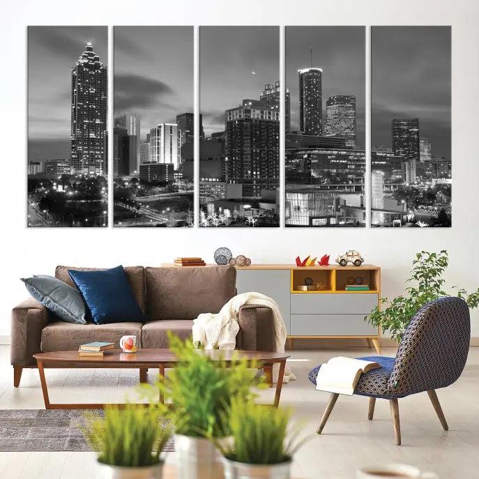 The "Atlanta City Wall Art Canvas Print" is a striking gallery-wrapped, black-and-white cityscape artwork printed on museum-quality canvases.