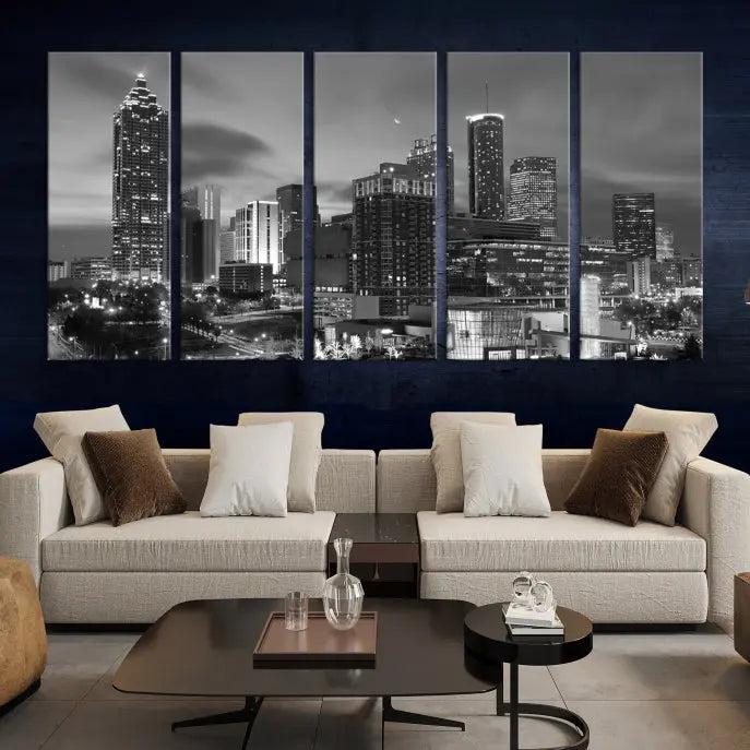 The "Atlanta City Wall Art Canvas Print" is a striking gallery-wrapped, black-and-white cityscape artwork printed on museum-quality canvases.