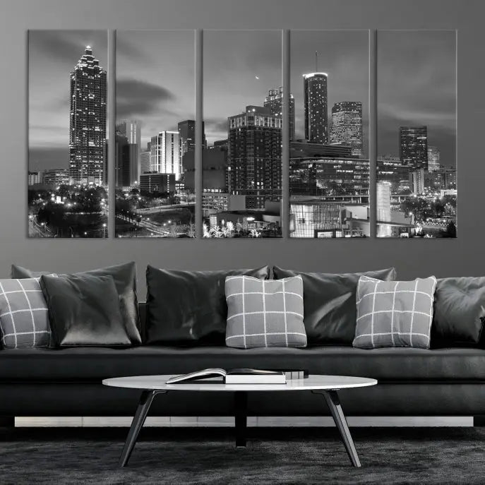 The "Atlanta City Wall Art Canvas Print" is a striking gallery-wrapped, black-and-white cityscape artwork printed on museum-quality canvases.