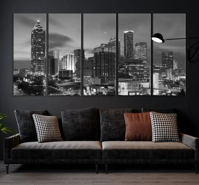 The "Atlanta City Wall Art Canvas Print" is a striking gallery-wrapped, black-and-white cityscape artwork printed on museum-quality canvases.