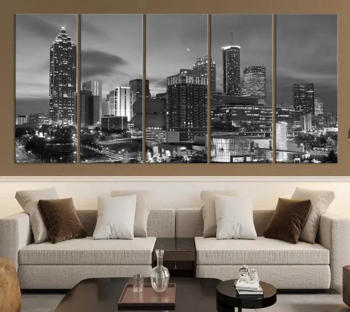 The "Atlanta City Wall Art Canvas Print" is a striking gallery-wrapped, black-and-white cityscape artwork printed on museum-quality canvases.