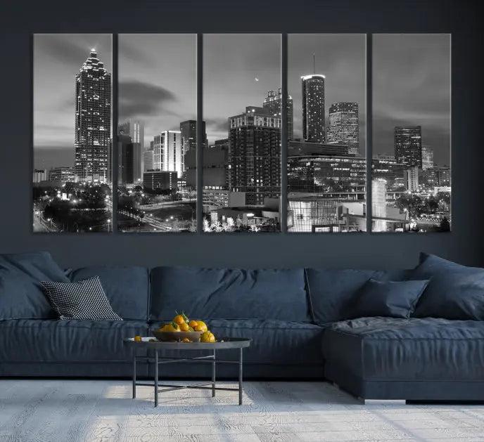 The "Atlanta City Wall Art Canvas Print" is a striking gallery-wrapped, black-and-white cityscape artwork printed on museum-quality canvases.