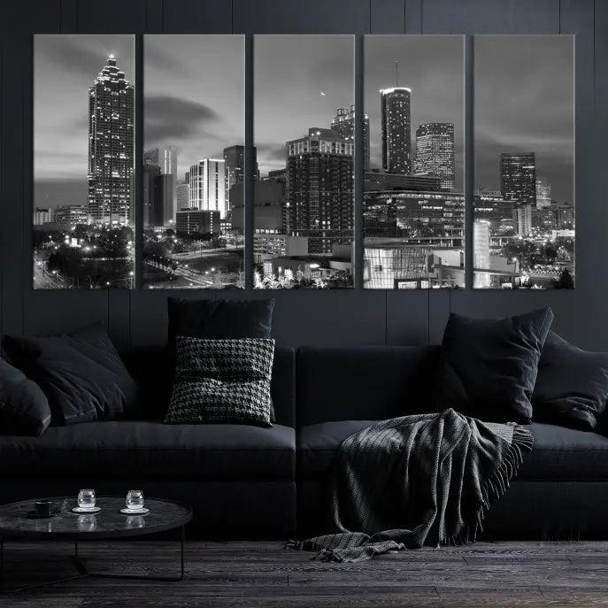 The "Atlanta City Wall Art Canvas Print" is a striking gallery-wrapped, black-and-white cityscape artwork printed on museum-quality canvases.