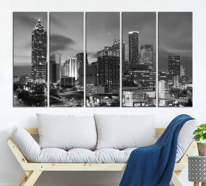 The "Atlanta City Wall Art Canvas Print" is a striking gallery-wrapped, black-and-white cityscape artwork printed on museum-quality canvases.