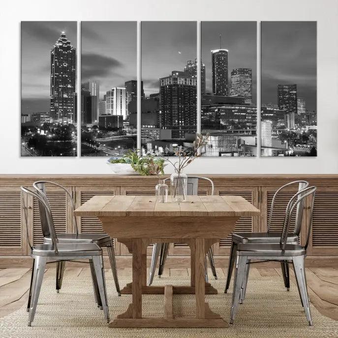 The "Atlanta City Wall Art Canvas Print" is a striking gallery-wrapped, black-and-white cityscape artwork printed on museum-quality canvases.