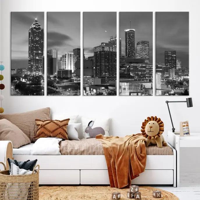 The "Atlanta City Wall Art Canvas Print" is a striking gallery-wrapped, black-and-white cityscape artwork printed on museum-quality canvases.