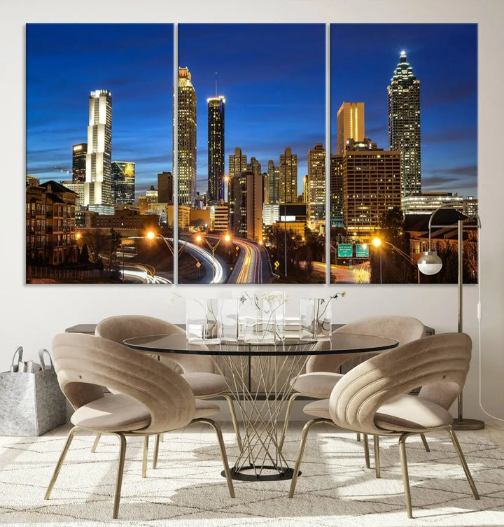 A modern living room is enhanced by the "Atlanta Cityscape View Wall Art Canvas Print" displayed as a triptych on museum-quality canvas. The hand-assembled framed art adds sophistication, crafting an inviting atmosphere. Complete your stylish space effortlessly with free shipping.